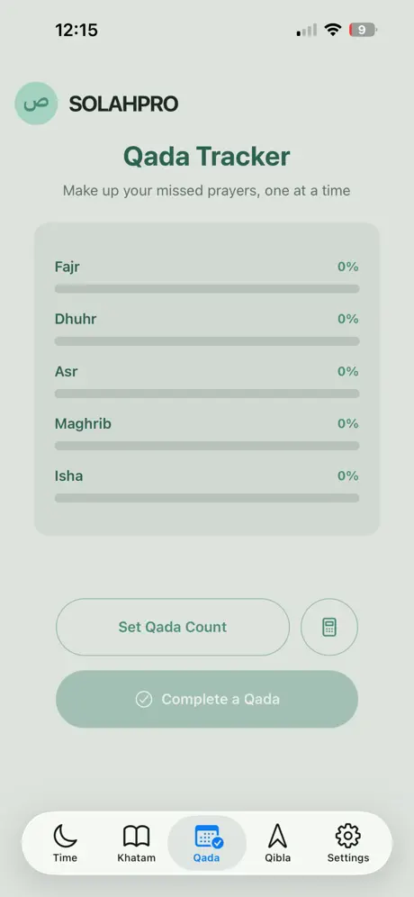 Qada tracker listing missed prayers per waktu